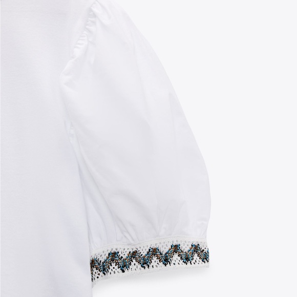 Zara Crochet Trim Puff Sleeve Tee Small White - Picture 3 of 7